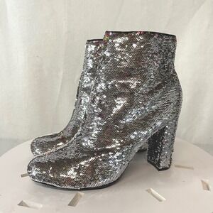 Liliana Silver Sequin Ankle Boots Block Heel Party Sparkly Shoes Size 8.5